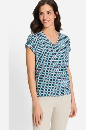 Olsen TENCEL™ Błękitna damska bluzka Clara z geometrycznym wzorem – Ocean Breeze