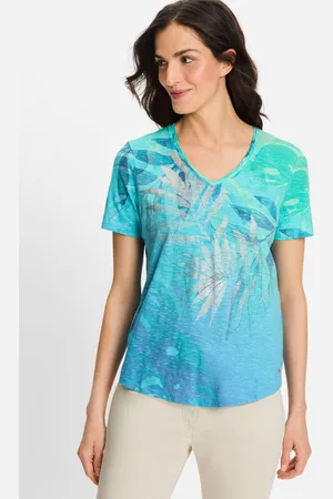 Olsen Bawełniana błękitna damska bluzka Hannah z roślinnym wzorem – Ocean Breeze
