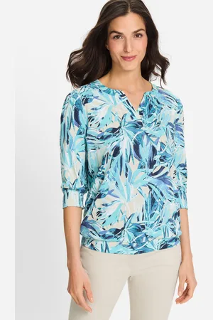 Olsen TENCEL™ Błękitna damska bluzka Clara z roślinnym wzorem – Ocean Breeze