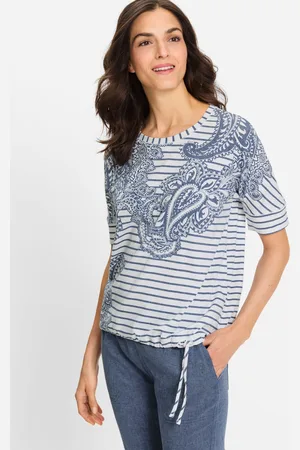 Olsen Granatowo-biała bluzka damska Clara w paski i wzorem paisley – Boho Beauty