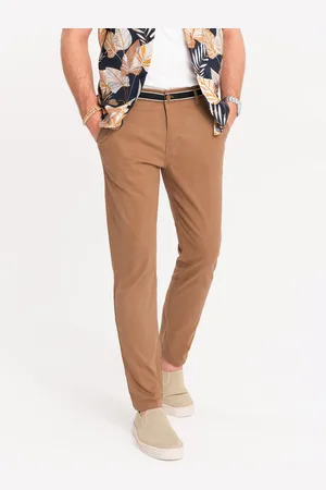 Ombre Clothing Spodnie męskie chino z ozdobną taśmą w pasie – brązowe V4 OM-PACP-0118