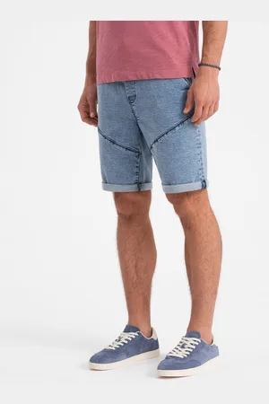Ombre Clothing Podwinięte jeansowe krótkie spodenki męskie z przeszyciami – jasnoniebieskie V1 OM-SRDS-0101