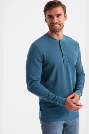 Ombre Clothing Longsleeve ęski z dzianiny waflowej zapinany pod szyją – niebieski denim V4 OM-LSCL-0120