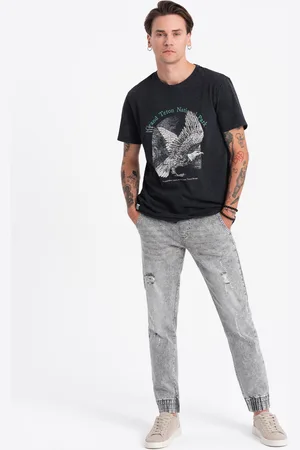 Ombre Clothing Spodnie męskie JOGGERY jeansowe z przetarciami