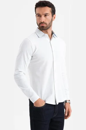 Ombre Clothing Dzianinowa koszula ęska SLIM FIT z długim rękawem – biała V1 OM-SHCS-0177