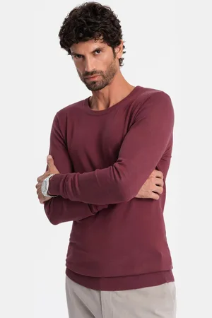 Ombre Clothing Sweter klasyczny męski z wiskozą BASIC z okrągłym dekoltem – bordowy V11 OM-SWBS-0106