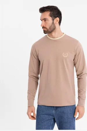 Ombre Clothing Longsleeve bawełniany męski z dekoltem U w paski i haftem – brązowy V6 OM-LSCL-0128