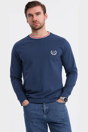 Ombre Clothing Męski bawełniany longsleeve z dekoltem U w paski i haftem – ciemnoniebieski V3 OM-LSCL-0128