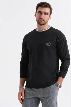 Ombre Clothing Bawełniany longsleeve męski z dekoltem U w paski i haftem – czarny V4 OM-LSCL-0128