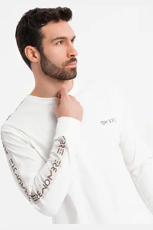 Ombre Clothing Bawełniany ęski longsleeve U-neck z lampasami i nadrukiem na piersi – złamana biel V3 OM-LSCL-0127