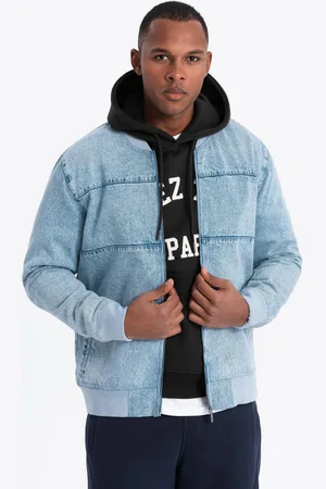 Ombre Clothing Kurtka męska jeansowa bomberka z efektem stone wash – jasnoniebieska V3 OM-JADJ-0163