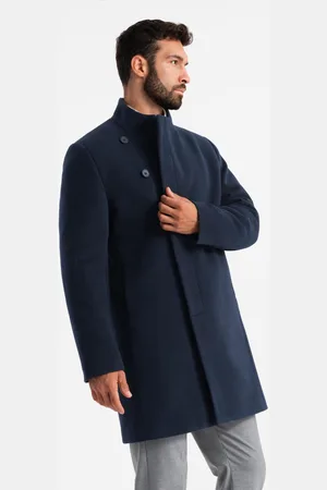 Ombre Clothing Płaszcz męski z asymetrycznym zapięciem i wysokim kołnierzem – granatowy V3 OM-COWC-0120