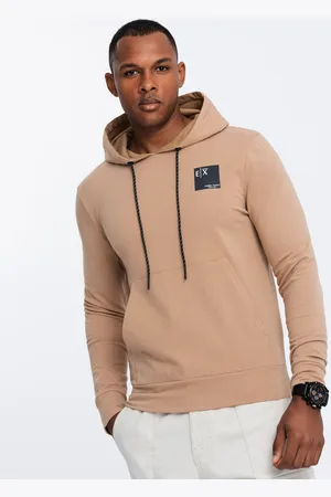Ombre Clothing Męska bluza z kapturem kangurka z logotypem – brązowa V3 OM-SSNZ-0162