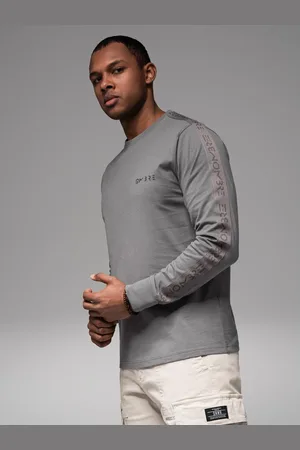 Ombre Clothing Męski bawełniany longsleeve U-neck z lampasami i nadrukiem na piersi – szary V5 OM-LSCL-0127