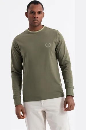 Ombre Clothing Bawełniany męski longsleeve z dekoltem U w paski i haftem – oliwkowy V1 OM-LSCL-0128