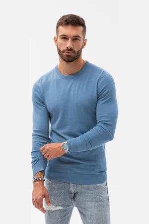 Ombre Clothing Sweter męski klasyczny z wiskozą BASIC z okrągłym dekoltem – błękitny V10 OM-SWBS-0106