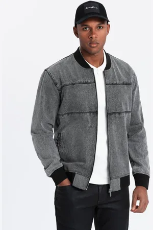 Ombre Clothing Męska kurtka jeansowa bomberka z efektem stone wash – szara V1 OM-JADJ-0163