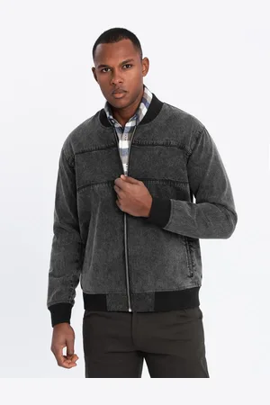 Ombre Clothing Męska jeansowa kurtka bomberka z efektem stone wash – czarna V2 OM-JADJ-0163