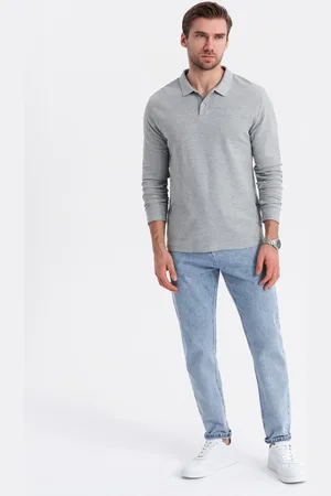 Ombre Clothing Męski longsleeve z kołnierzykiem polo BASIC – szary melanż V4 OM-POBL-0114