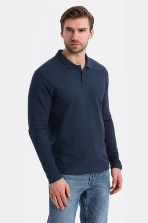 Ombre Clothing ęski longsleeve BASIC z kołnierzykiem polo – granatowy V3 OM-POBL-0114