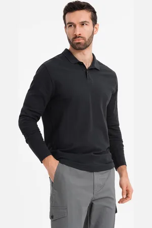 Ombre Clothing Longsleeve męski z kołnierzykiem polo BASIC – czarny V2 OM-POBL-0114