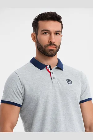 Ombre Clothing Męska koszulka polo z kolorowymi akcentami – szary melanż V1 OM-POSS-0105