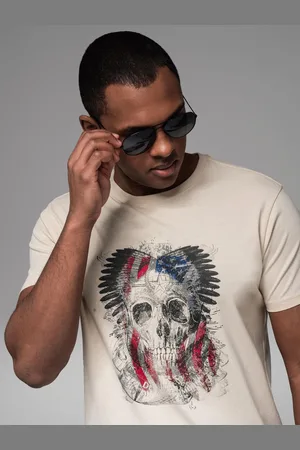 Ombre Clothing Bawełniany t-shirt męski z nadrukiem w stylu rockowym – kremowy V1 OM-TSPT-0199