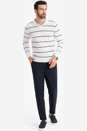 Ombre Clothing ęski longsleeve polo w poziome paski z wiskozą – biało-granatowy V2 OM-POLS-0146