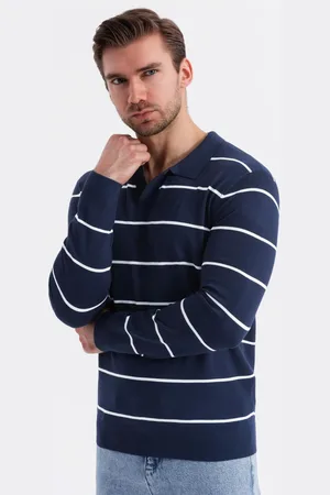 Ombre Clothing ęski longsleeve polo w poziome paski z wiskozą – granatowo-biały V1 OM-POLS-0146