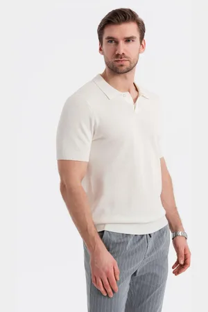 Ombre Clothing Bawełniana koszulka ęska polo ze strukturalnej dzianiny – złamana biel V4 OM-POSS-0117