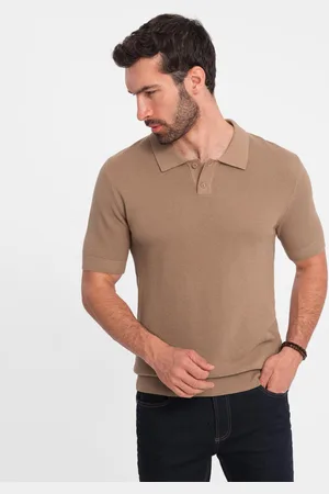 Ombre Clothing Męska bawełniana koszulka polo ze strukturalnej dzianiny – jasnobrązowa V3 OM-POSS-0117