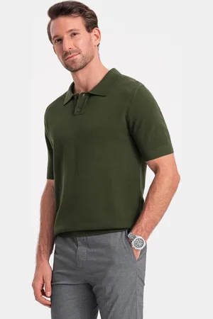 Ombre Clothing Bawełniana koszulka męska polo ze strukturalnej dzianiny – oliwkowa V1 OM-POSS-0117