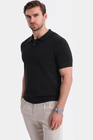 Ombre Clothing Bawełniana męska koszulka polo ze strukturalnej dzianiny – czarna V5 OM-POSS-0117