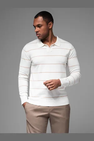 Ombre Clothing ęski longsleeve polo w poziome paski z wiskozą – biało-beżowy V4 OM-POLS-0146