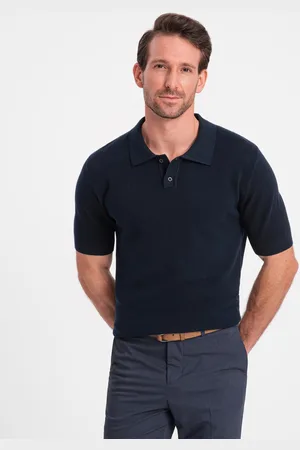 Ombre Clothing Bawełniana męska koszulka polo ze strukturalnej dzianiny – granatowa V2 OM-POSS-0117