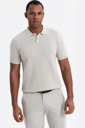 Ombre Clothing ęska bawełniana koszulka polo ze strukturalnej dzianiny – beżowa V6 OM-POSS-0117