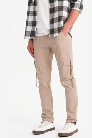 Ombre Clothing Męskie spodnie cargo STRAIGHT LEG z paskami na kieszeniach – piaskowe V2 OM-PACG-0197