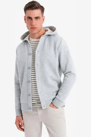 Ombre Clothing Męska dresowa bluza z kapturem zapinana na guziki – szary melanż V2 OM-SSZP-0186