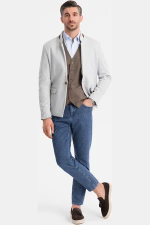 Ombre Clothing Męska melanżowa marynarka z dodatkiem rayonu ze stójką – szary melanż V4 OM-BLZB-0131