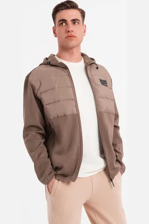 Ombre Clothing Lekka ęska kurtka z łączonych materiałów z kapturem i ozdobnym pikowaniem – jasnobrązowa V2 OM-JANP-0160