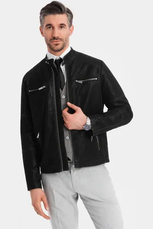 Ombre Clothing Kurtka ęska biker ze stójką w stylu retro – czarna V2 OM-JAFL-0197