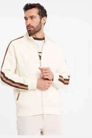 Ombre Clothing ęska bluza dresowa z wysokim kołnierzem i lampasami – kremowa V3 OM-SSZP-0219