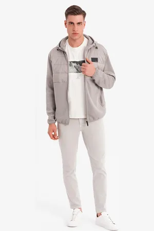 Ombre Clothing ęska lekka kurtka z łączonych materiałów z kapturem i ozdobnym pikowaniem – popielata V3 OM-JANP-0160
