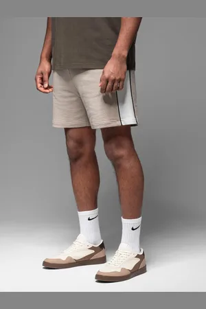 Ombre Clothing Męskie krótkie dresowe spodenki w szerokie pasy – beżowe V2 OM-SRSK-0182
