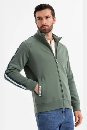 Ombre Clothing ęska bluza dresowa z wysokim kołnierzem i lampasami – oliwkowa V2 OM-SSZP-0219