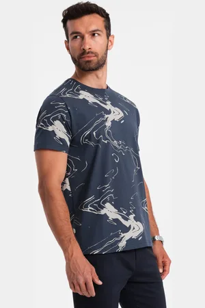 Ombre Clothing Bawełniany t-shirt męski z abstrakcyjnym printem – granatowy V1 OM-TSFP-0184