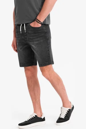 Ombre Clothing Męskie szorty z gumką w pasie i efektem sprania – czarne V4 OM-SRDS-0192