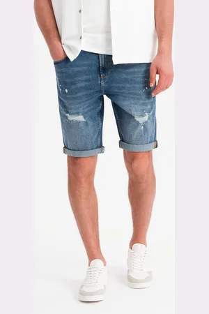 Ombre Clothing Krótkie męskie spodenki jeansowe z przetarciami i podwiniętą nogawką – niebieskie V2 OM-SRDS-0186