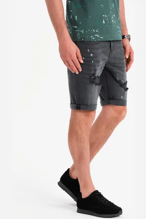 Ombre Clothing Męskie krótkie spodenki jeansowe z przetarciami i podwiniętą nogawką – szare V3 OM-SRDS-0186