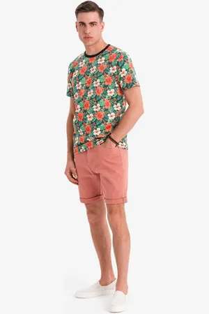 Ombre Clothing Męskie jeansowe klasyczne szorty z podwiniętą nogawką – koralowe V6 OM-SRDS-0162